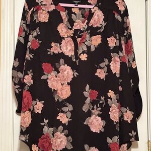 Torrid Harper Black Floral Blouse with Pink & Red Roses size 5